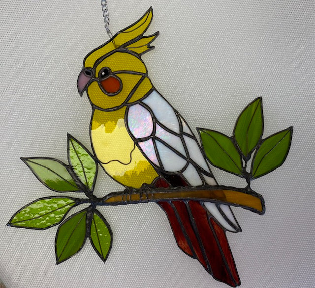 Stained Glass Parrot with Leaves