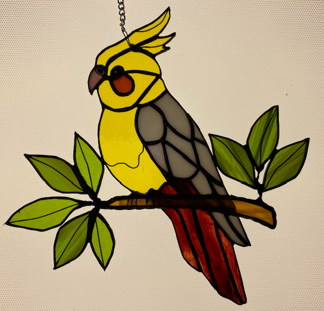 Stained Glass Parrot with Leaves