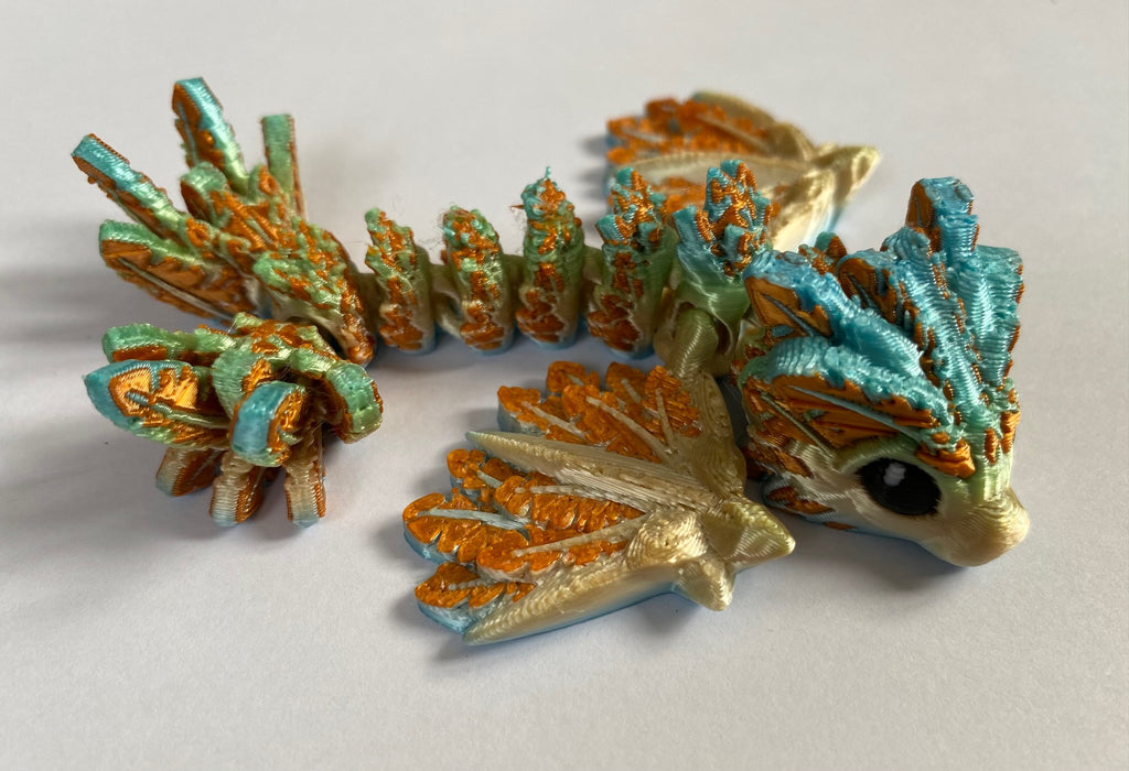 Small 3D Printed Flying Serpent Dragon- Gold Blue